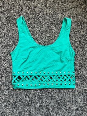 bebe Turquoise Cropped Tank with Lattice Hem & Silver Studs